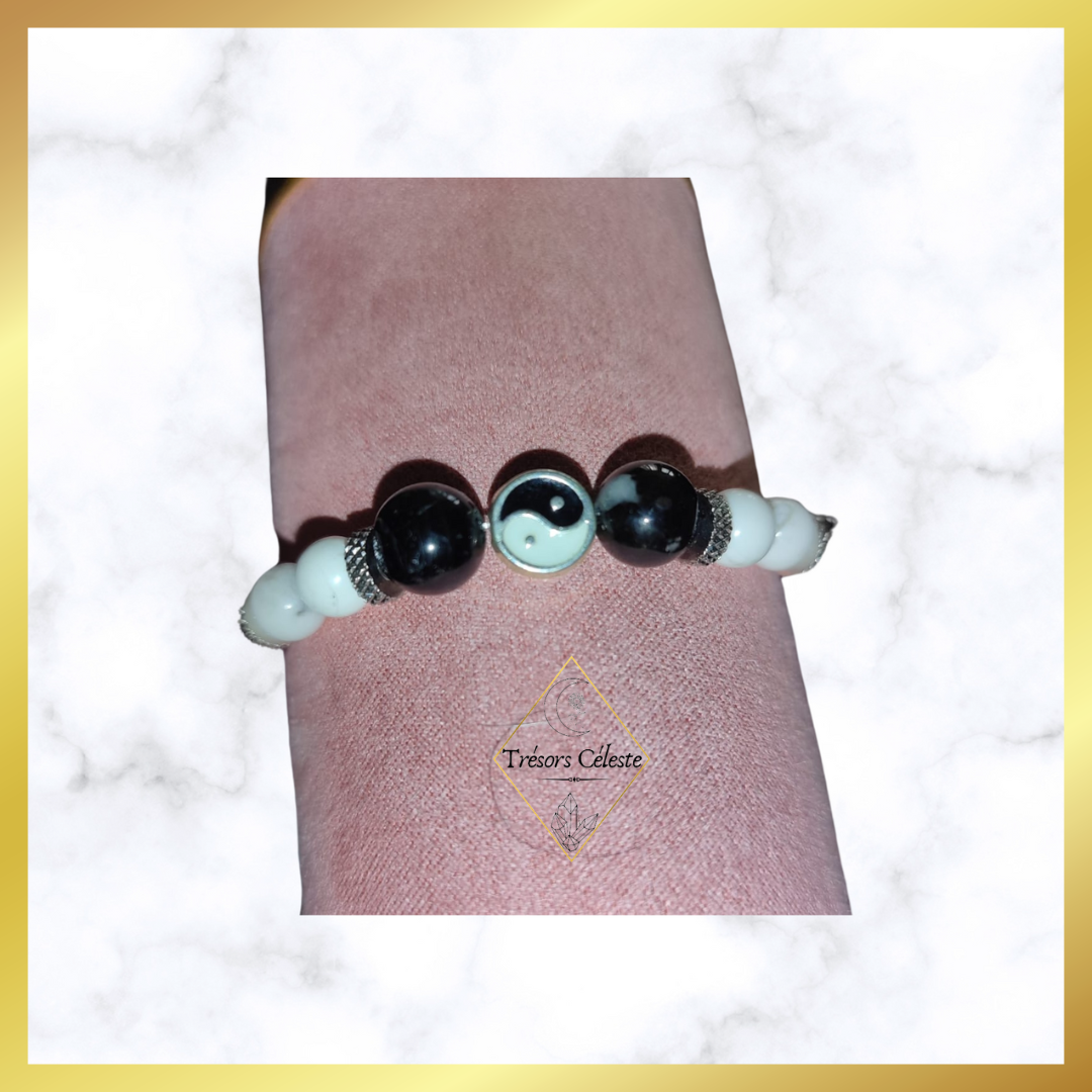 Bracelet Yin et Yang , Howlite et tourmaline.