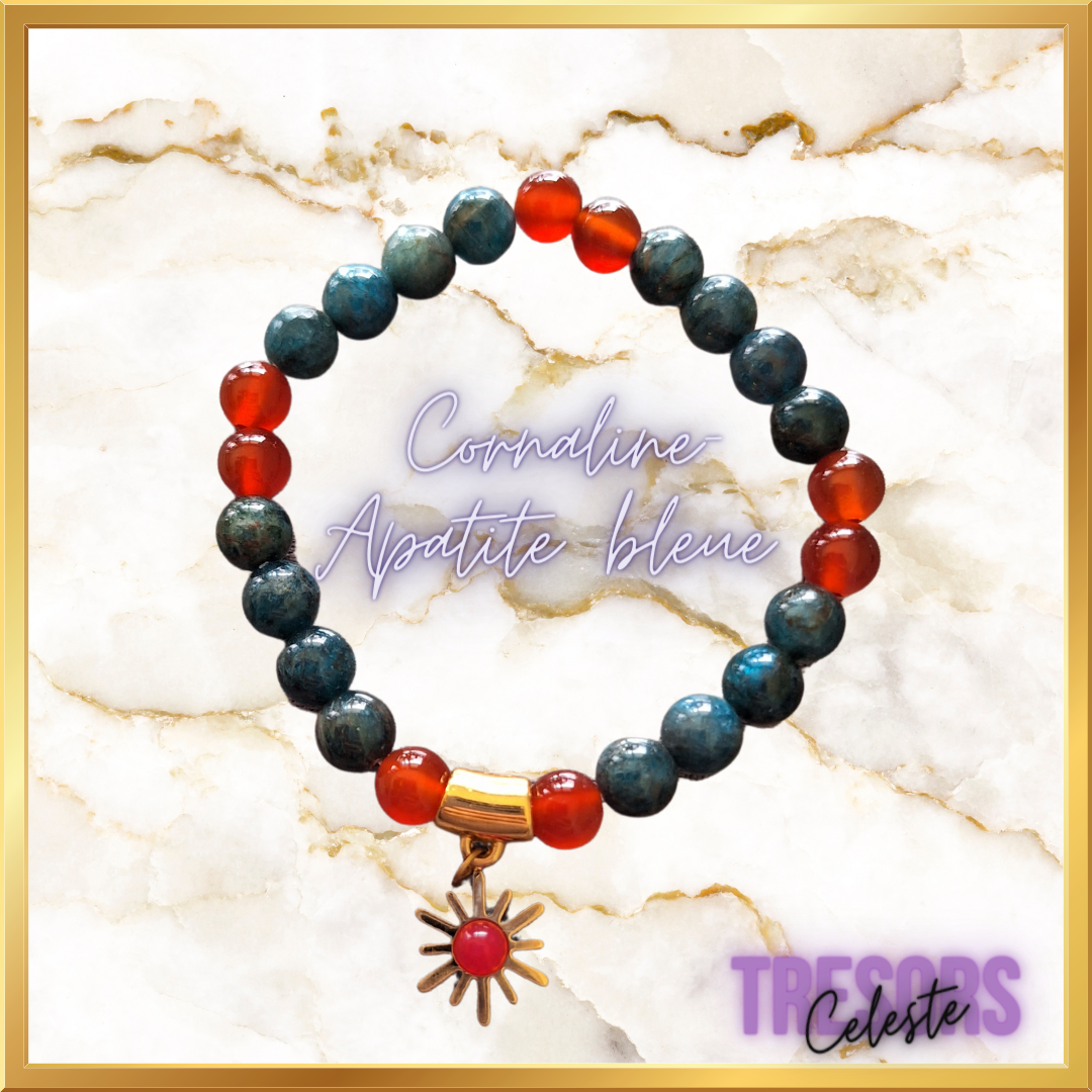 Bracelet Cornaline / Apatite / Breloque soleil Agate rouge