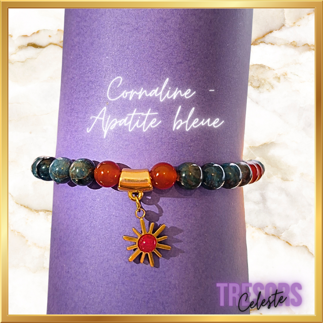 Bracelet Cornaline / Apatite / Breloque soleil Agate rouge