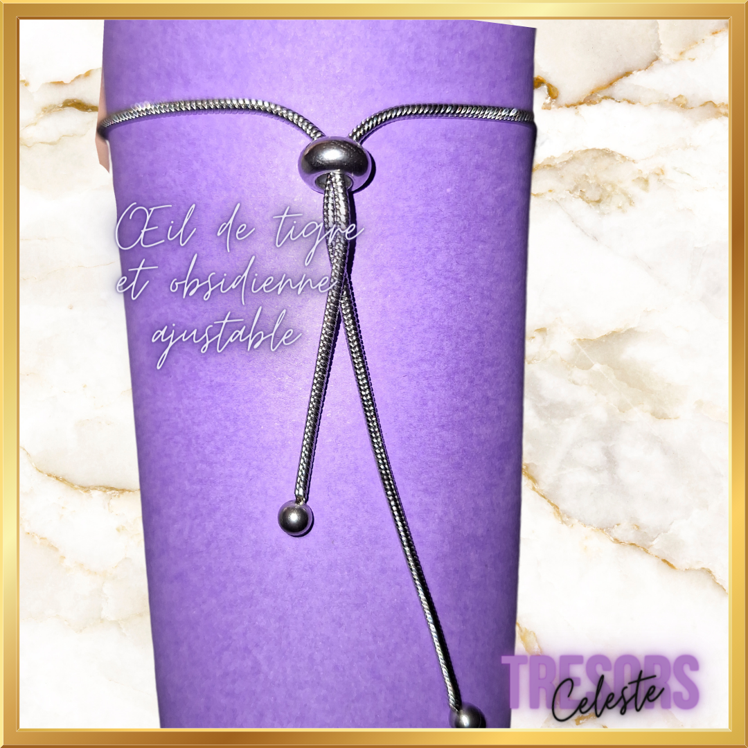 Bracelet ajustable œil de tigre et obsidienne