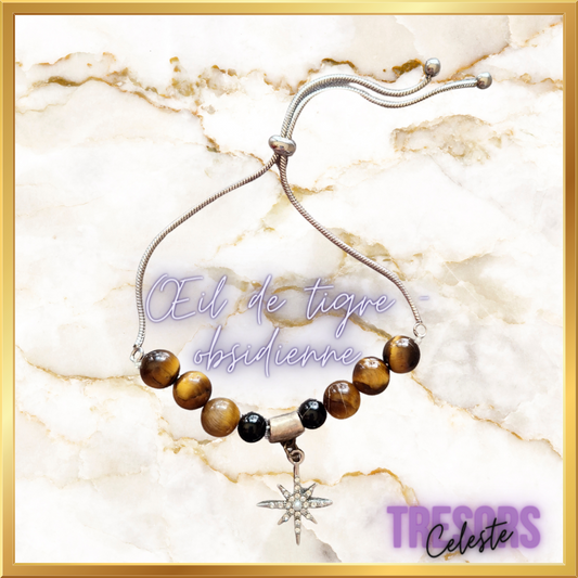 Bracelet ajustable œil de tigre et obsidienne