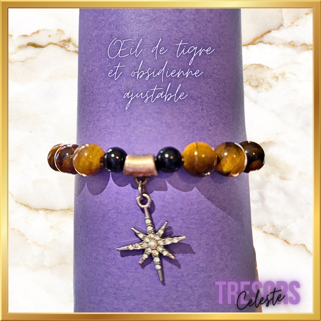 Bracelet ajustable œil de tigre et obsidienne